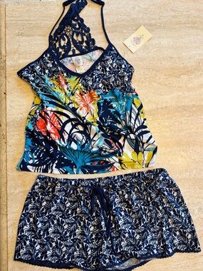 In Bloom By Jonquil Navy Tropical Floral-Print Pajama Lounge Set with Lace Back